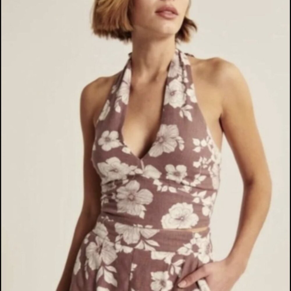 Abercrombie and Fitch Women's Linen-Blend Halter Top Red Floral Size Sm